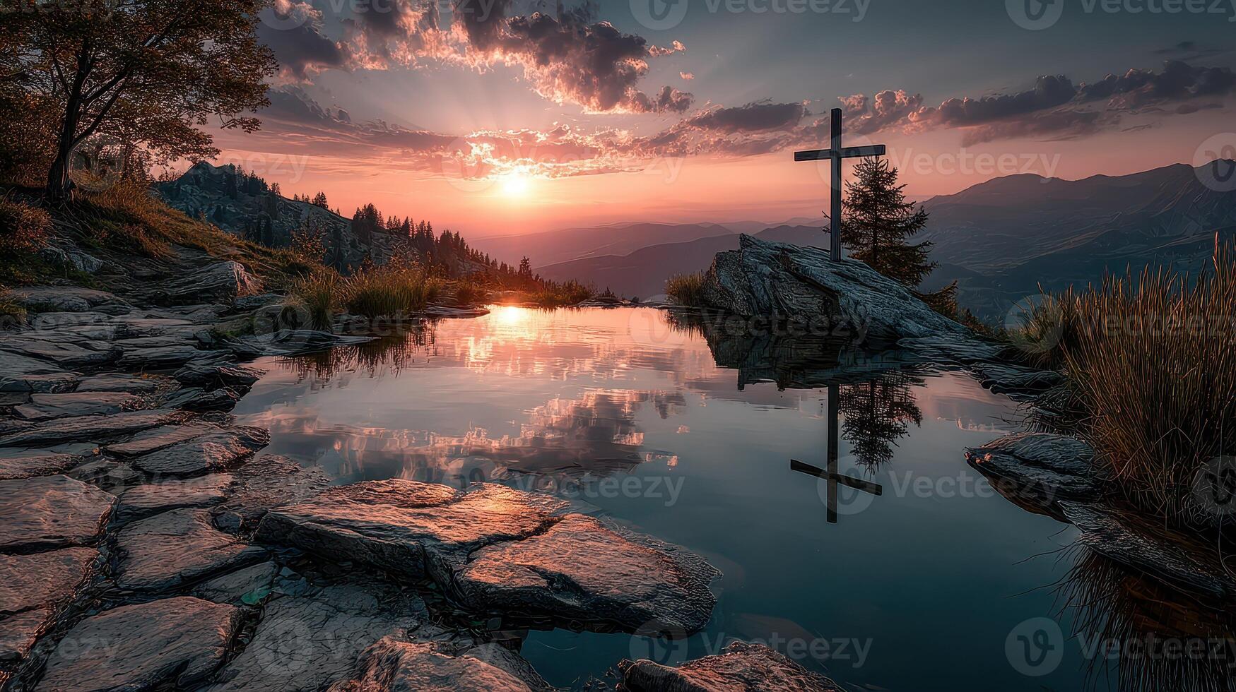 Sunset over tranquil lake with a cross reflection in the mountains photo