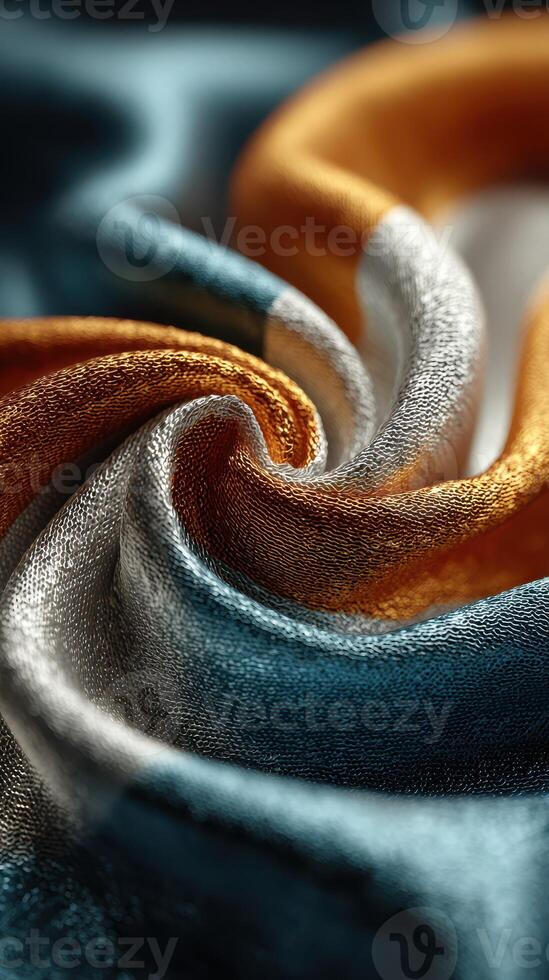 Silken fabric with blue, silver, and gold hues creates a mesmerizing swirl pattern in soft lighting photo