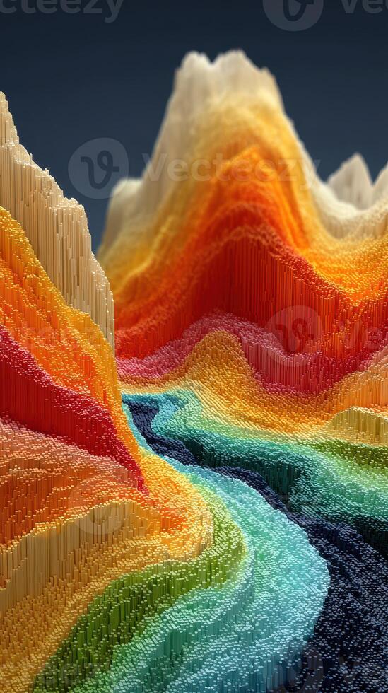 Colorful, abstract landscape with flowing river and vibrant mountains at the center of creation photo