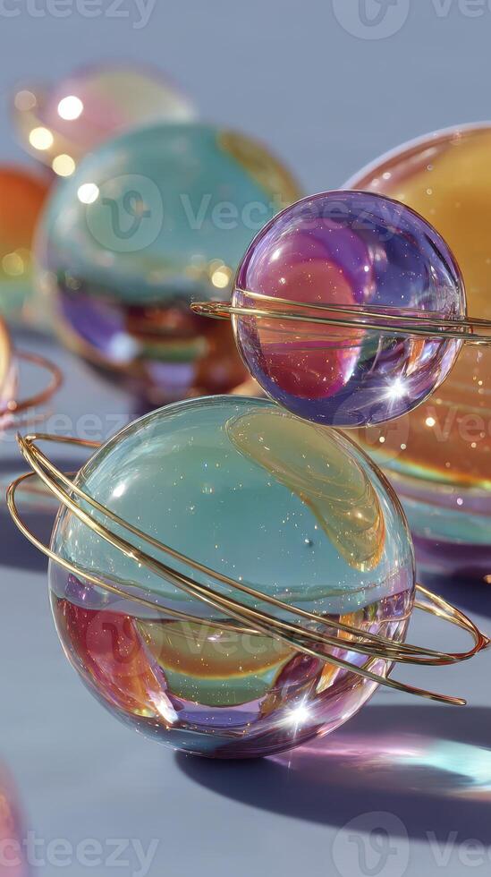 Colorful glass spheres with metallic rings reflecting light on a smooth surface create a mesmerizing display of shapes and colors photo