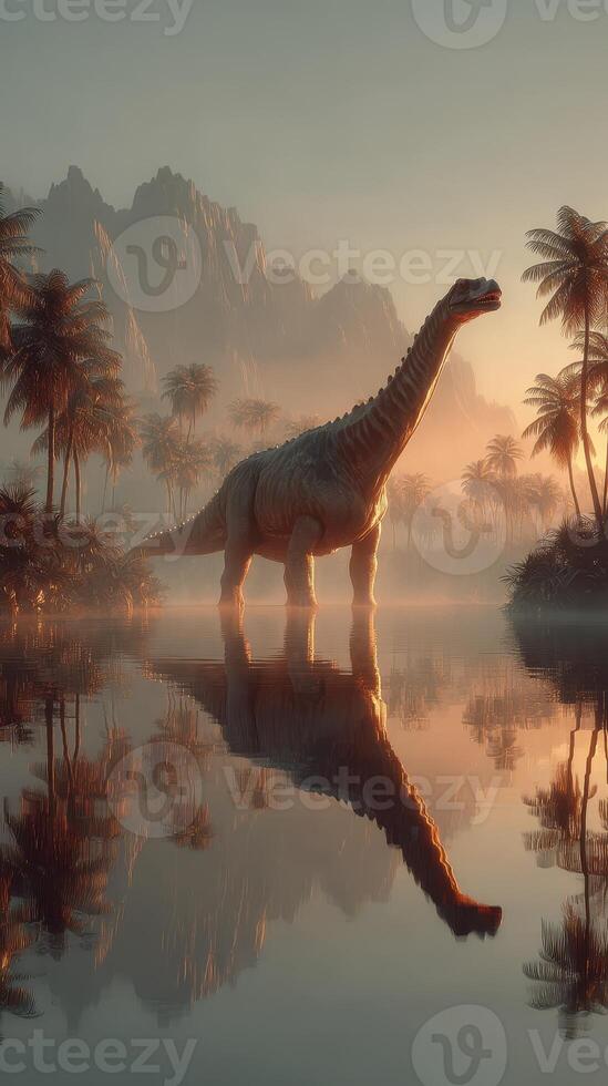 Dinosaur stands majestically in a serene landscape at sunrise with mountains and palm trees reflecting in calm water photo