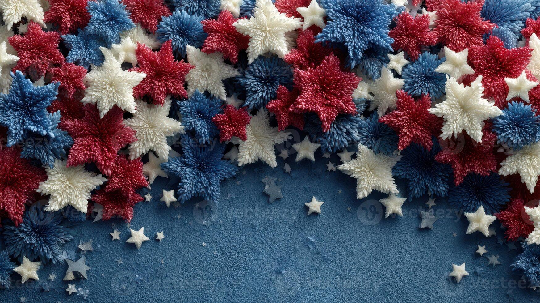 Colorful red, white, and blue star decorations create a festive atmosphere for a celebration photo