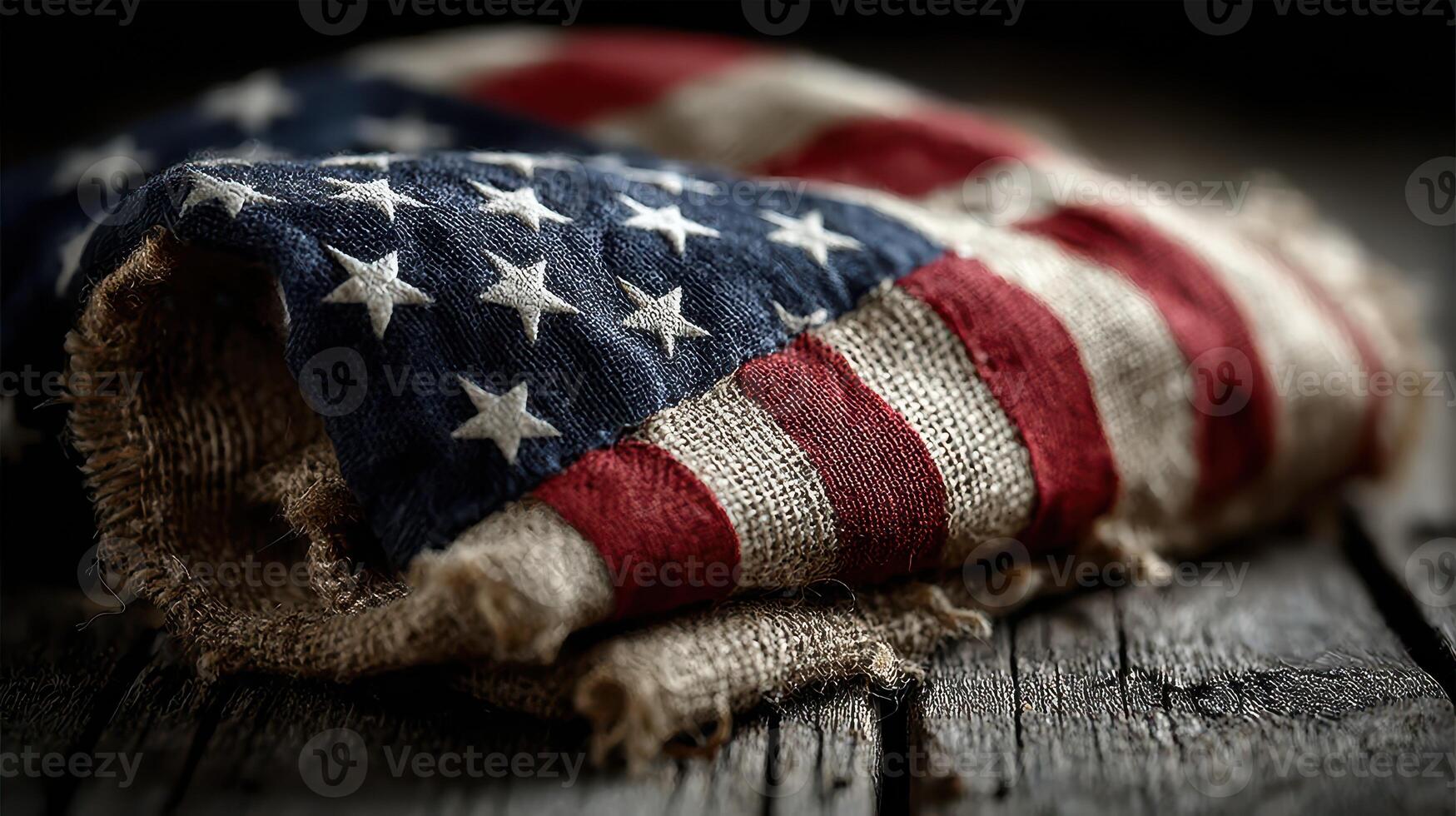 Old American flag draped elegantly on rustic wooden table, showcasing texture and history in warm light photo