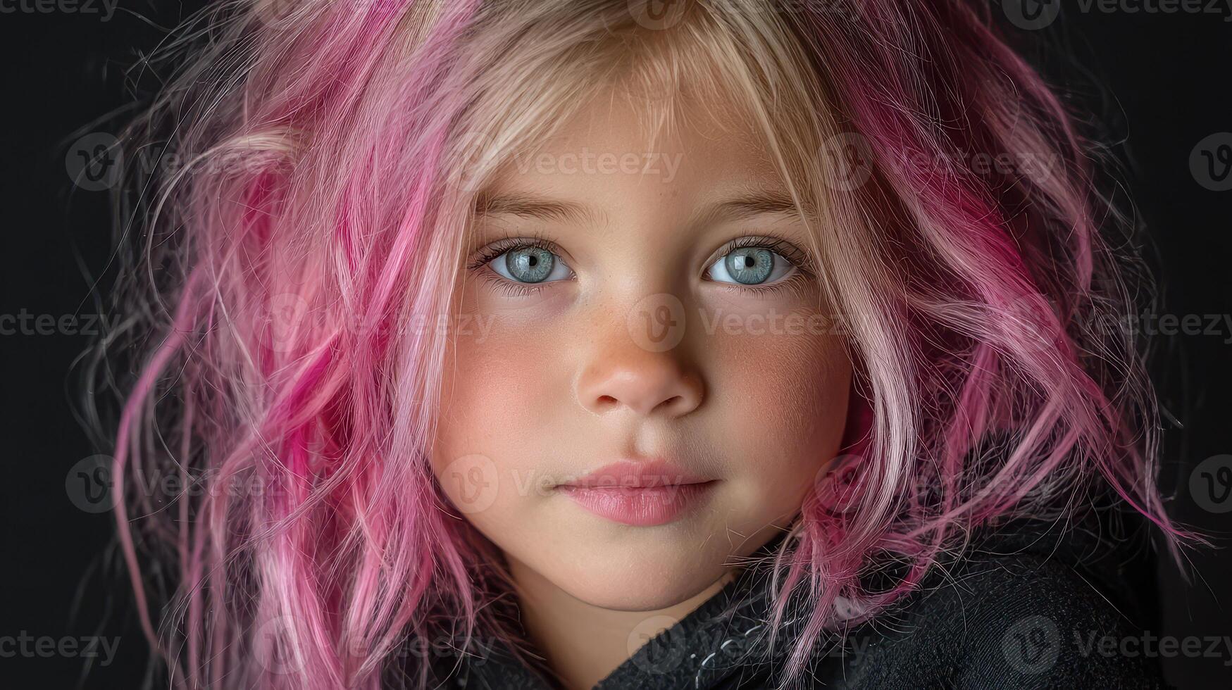 Young girl with vibrant pink hair and striking blue eyes poses against a dark background, showcasing her unique style and charm photo
