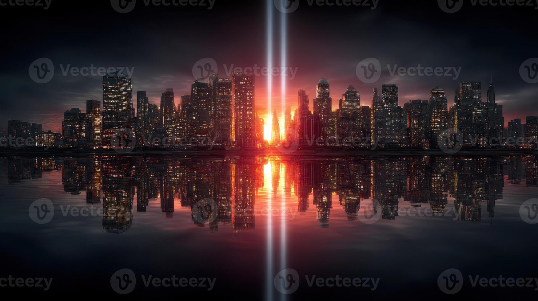 Stunning sunset view of a city skyline with reflection over calm waters photo