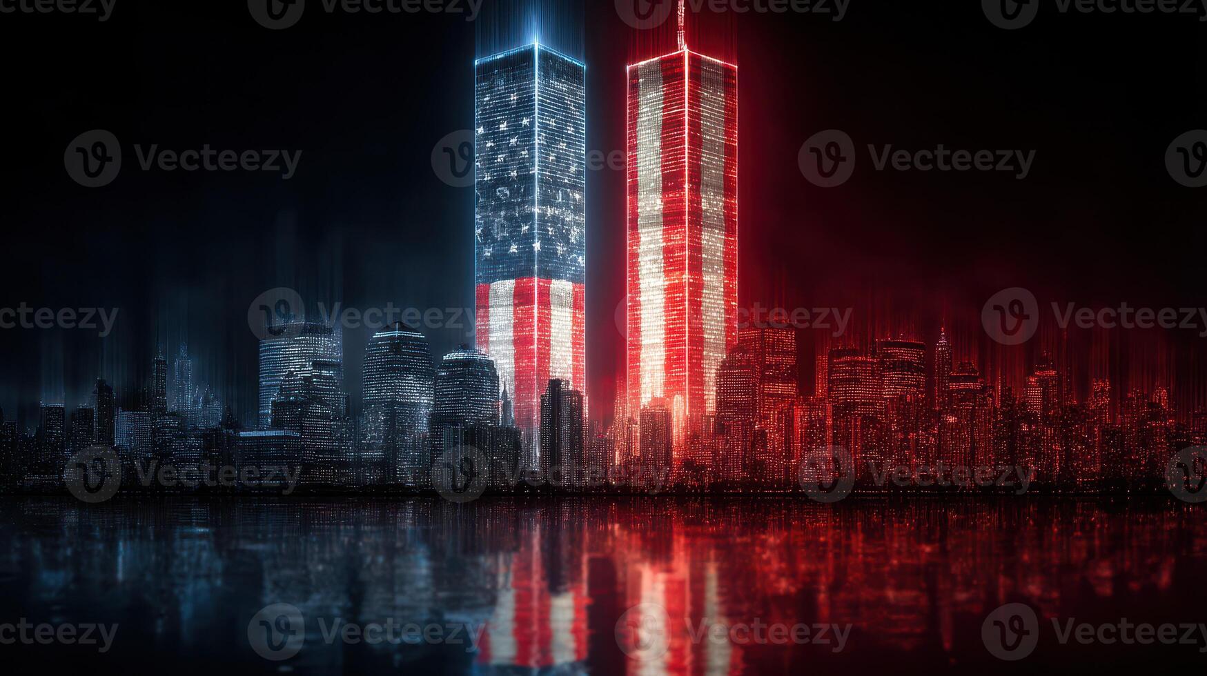 Twin towers illuminated in patriotic colors reflecting on the water at night with a vibrant skyline in the background photo