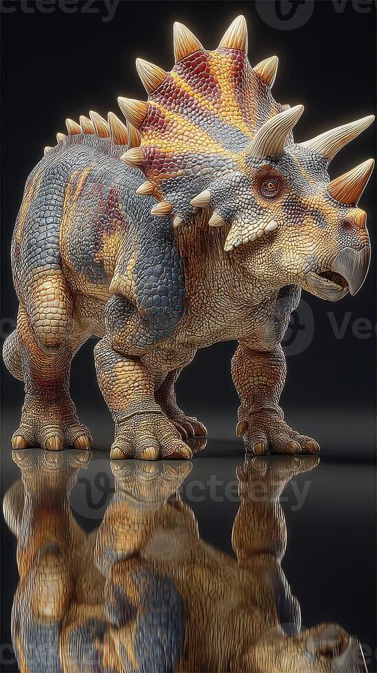 Dinosaur model showcasing detailed textures and features creates striking visual in dramatic lighting setting photo