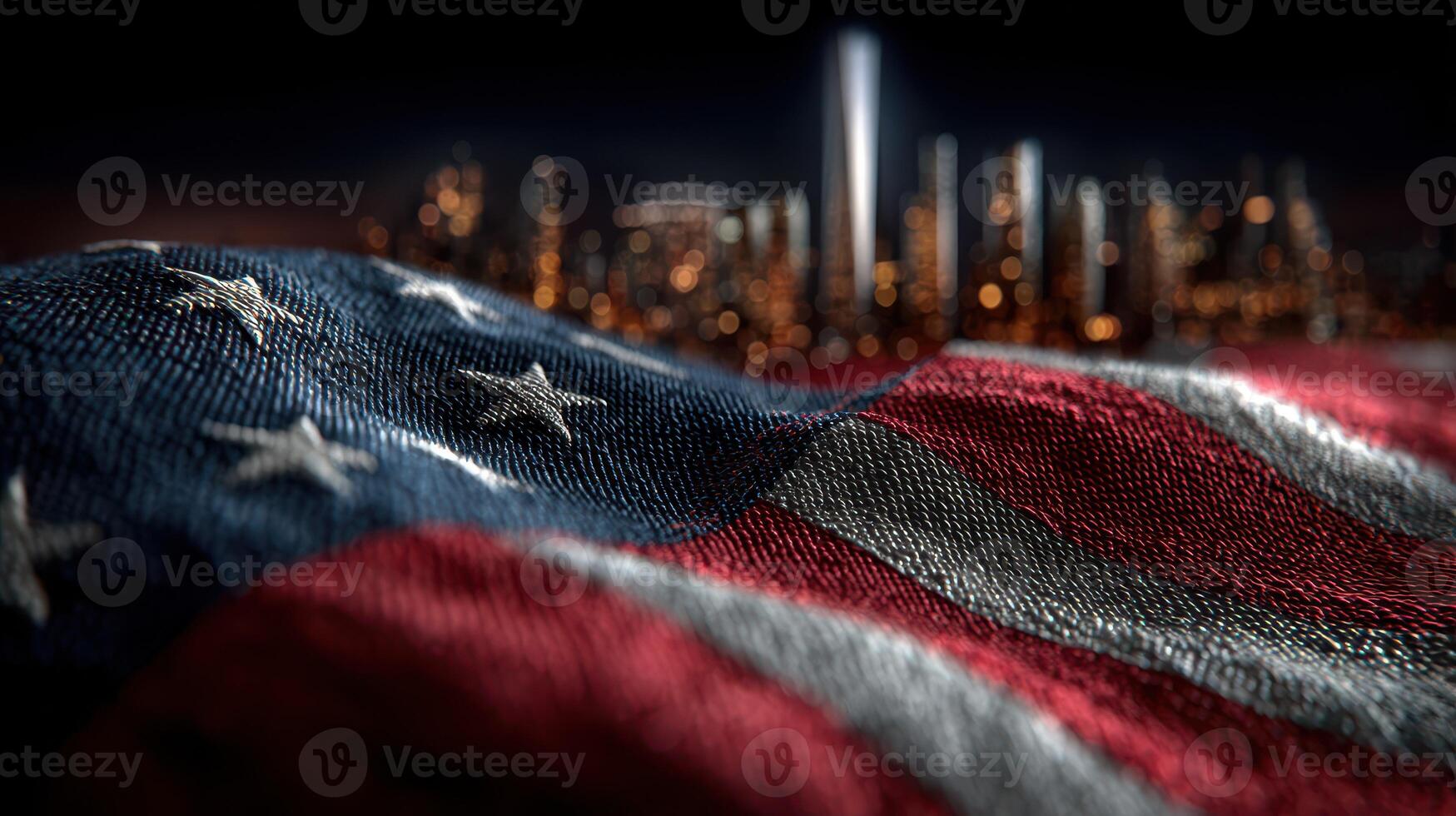 Waving American flag with skyline background at night showcasing city lights and vibrant colors photo