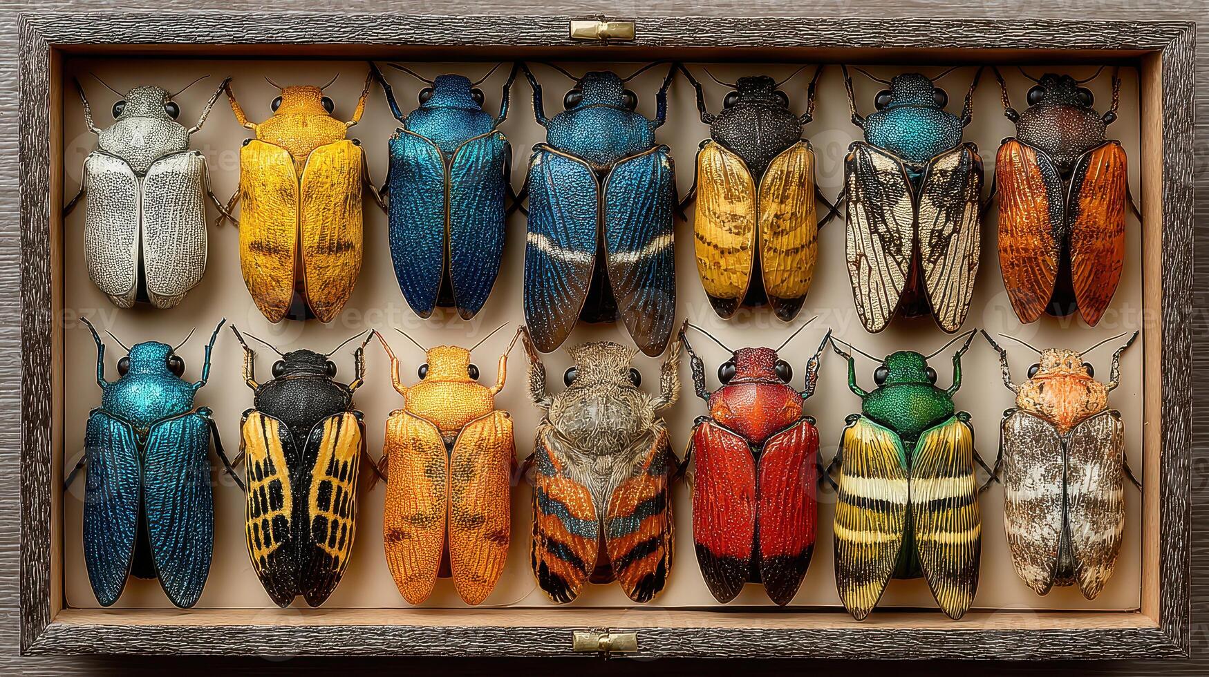 Colorful collection of preserved beetles displayed in a wooden case at a natural history exhibit photo