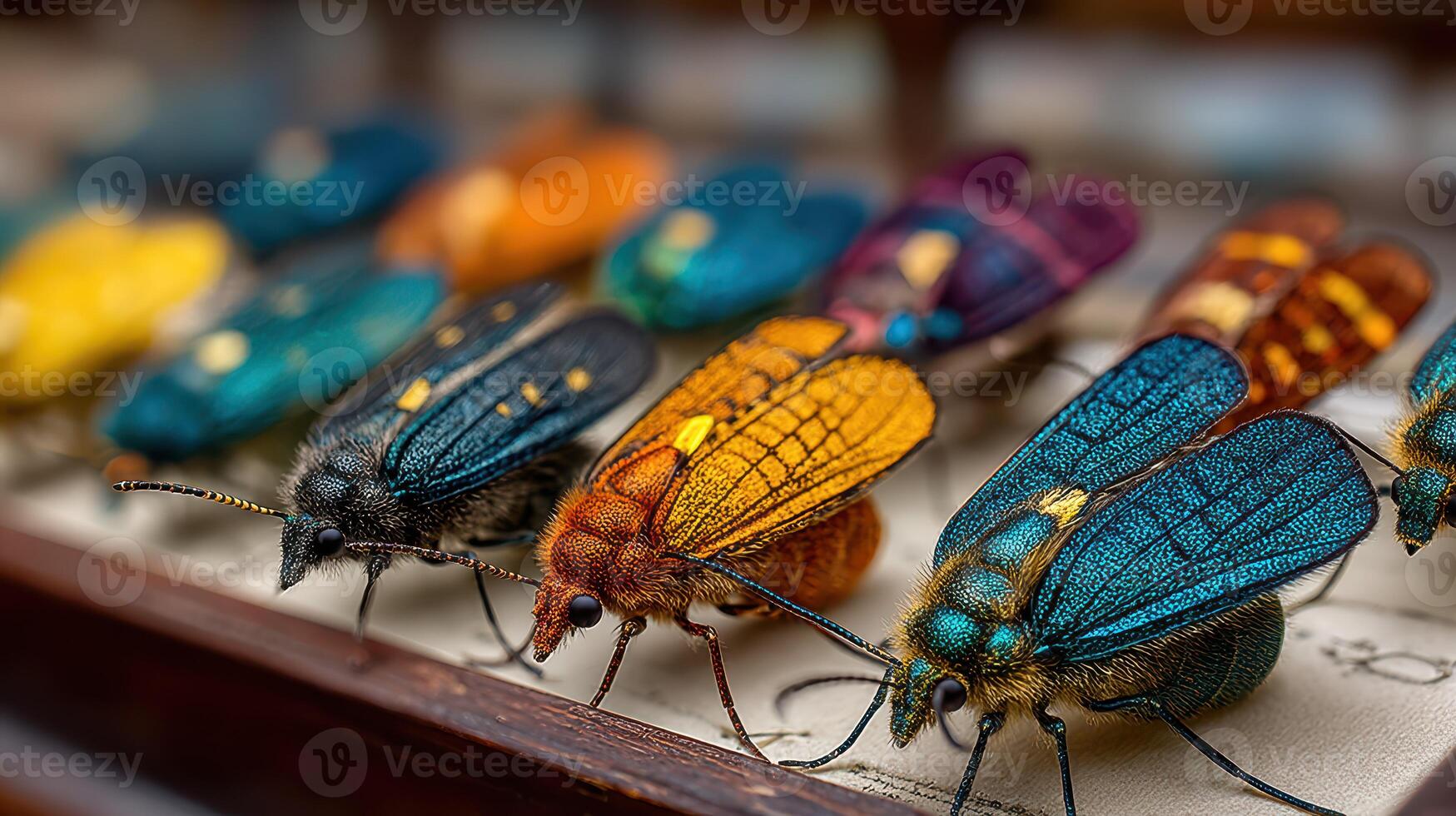 Colorful collection of preserved beetles displayed in a wooden showcase in a natural history museum photo
