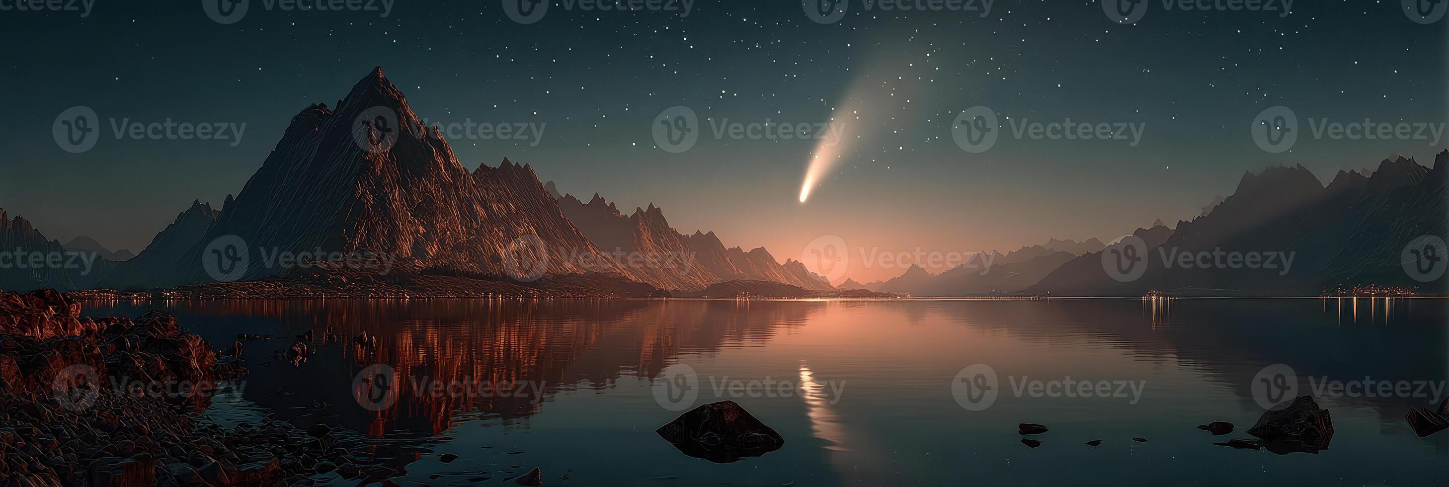 Comet streaking across a serene lake with mountains under a starlit sky at night photo