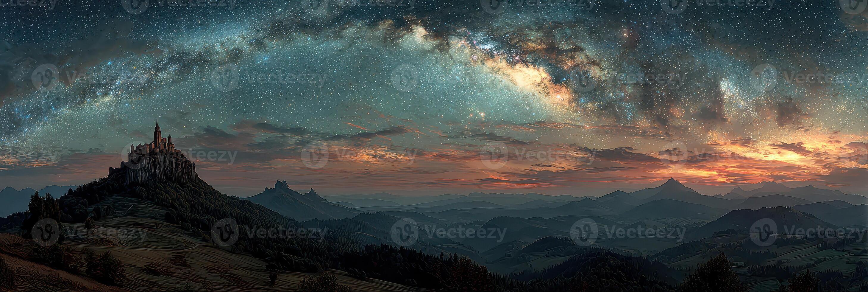 Majestic night sky over a castle on a hill with a vibrant galaxy and mountains in the background during twilight hours photo