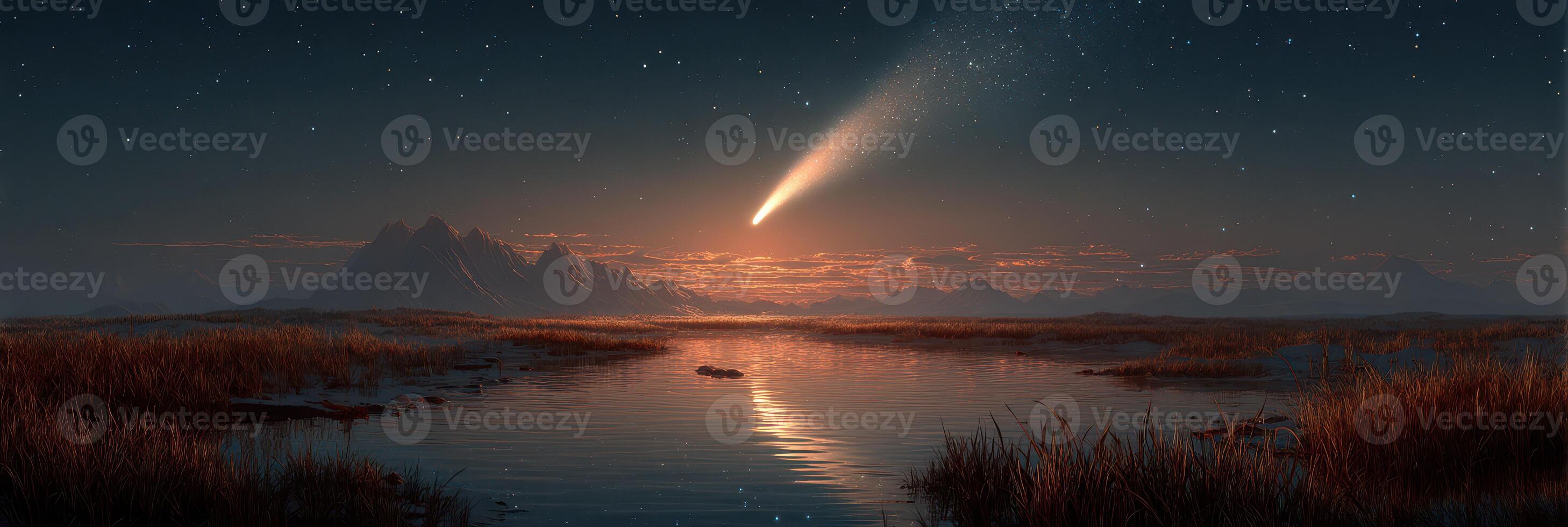 Night sky filled with a bright comet shining over tranquil waters and mountains at dusk photo