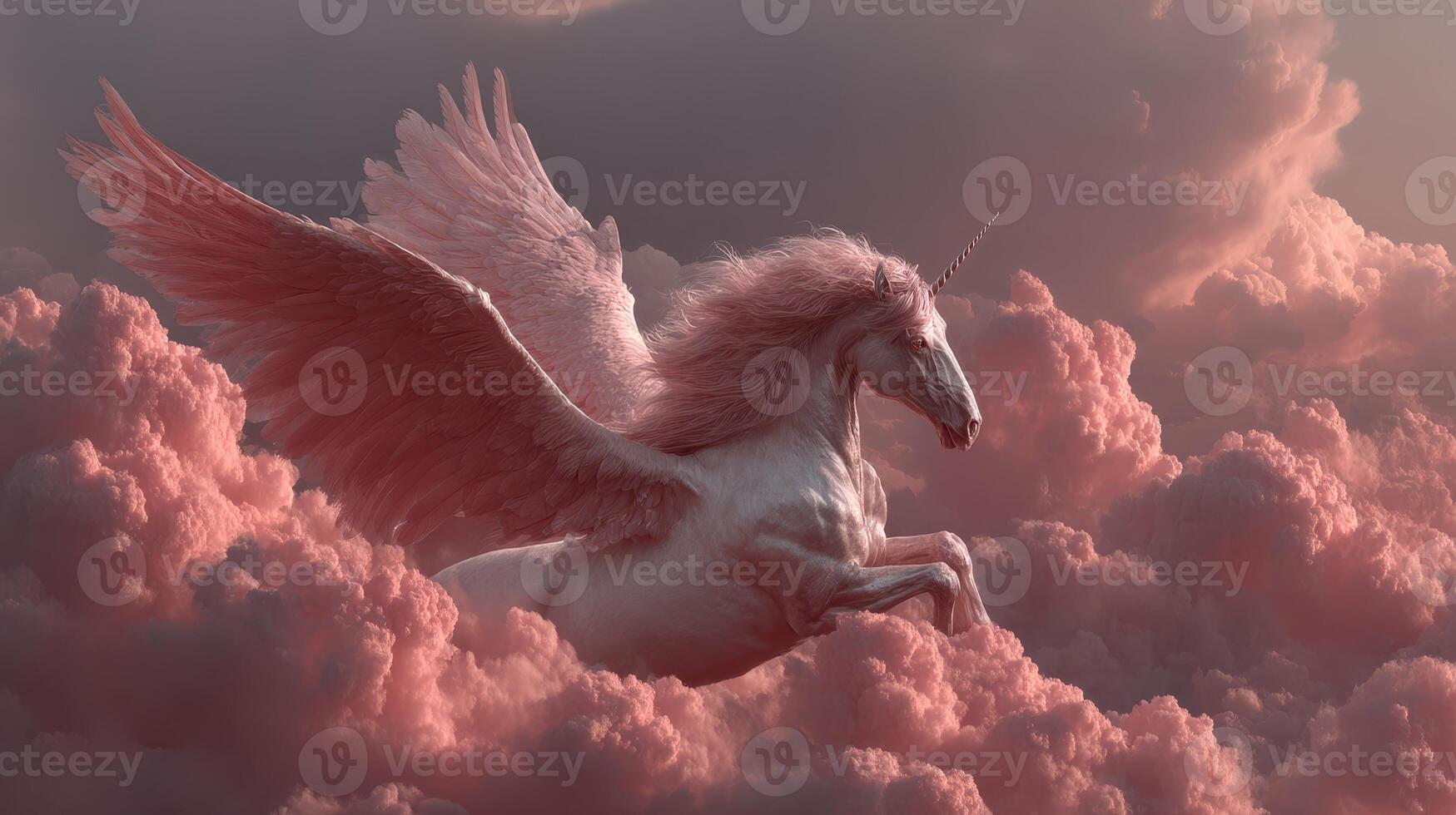 Magical winged unicorn soars through fluffy pink clouds at sunset photo
