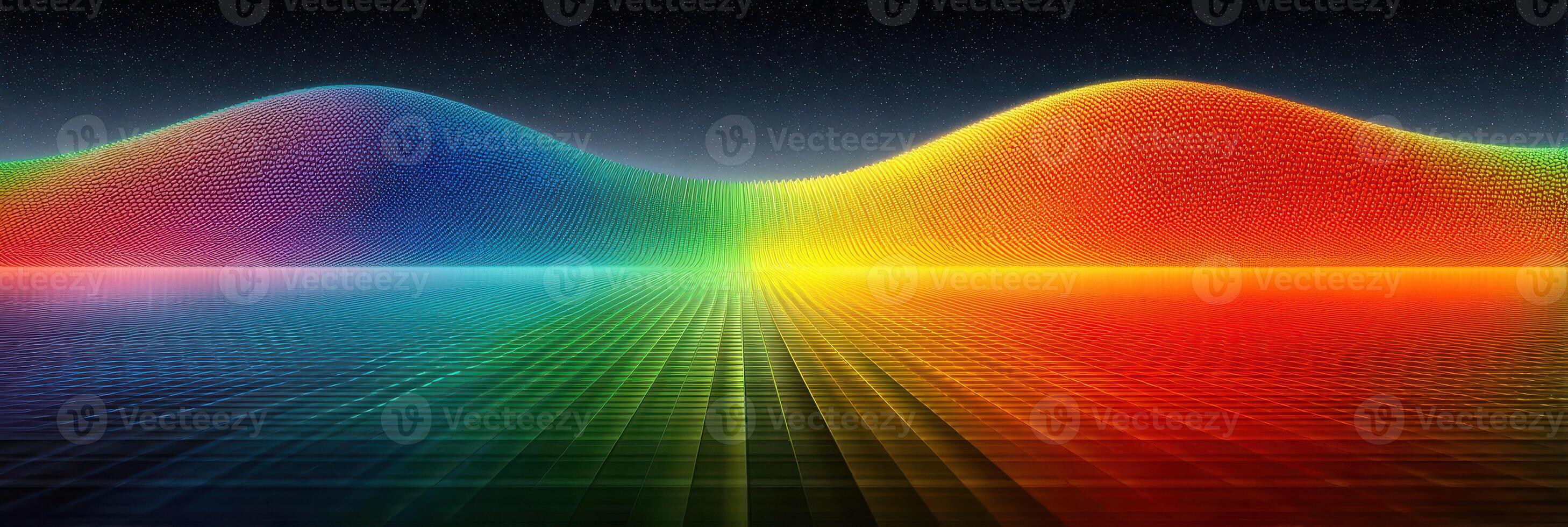 Colorful wave patterns create a mesmerizing landscape in a digital art piece showcasing vibrant gradients at twilight photo