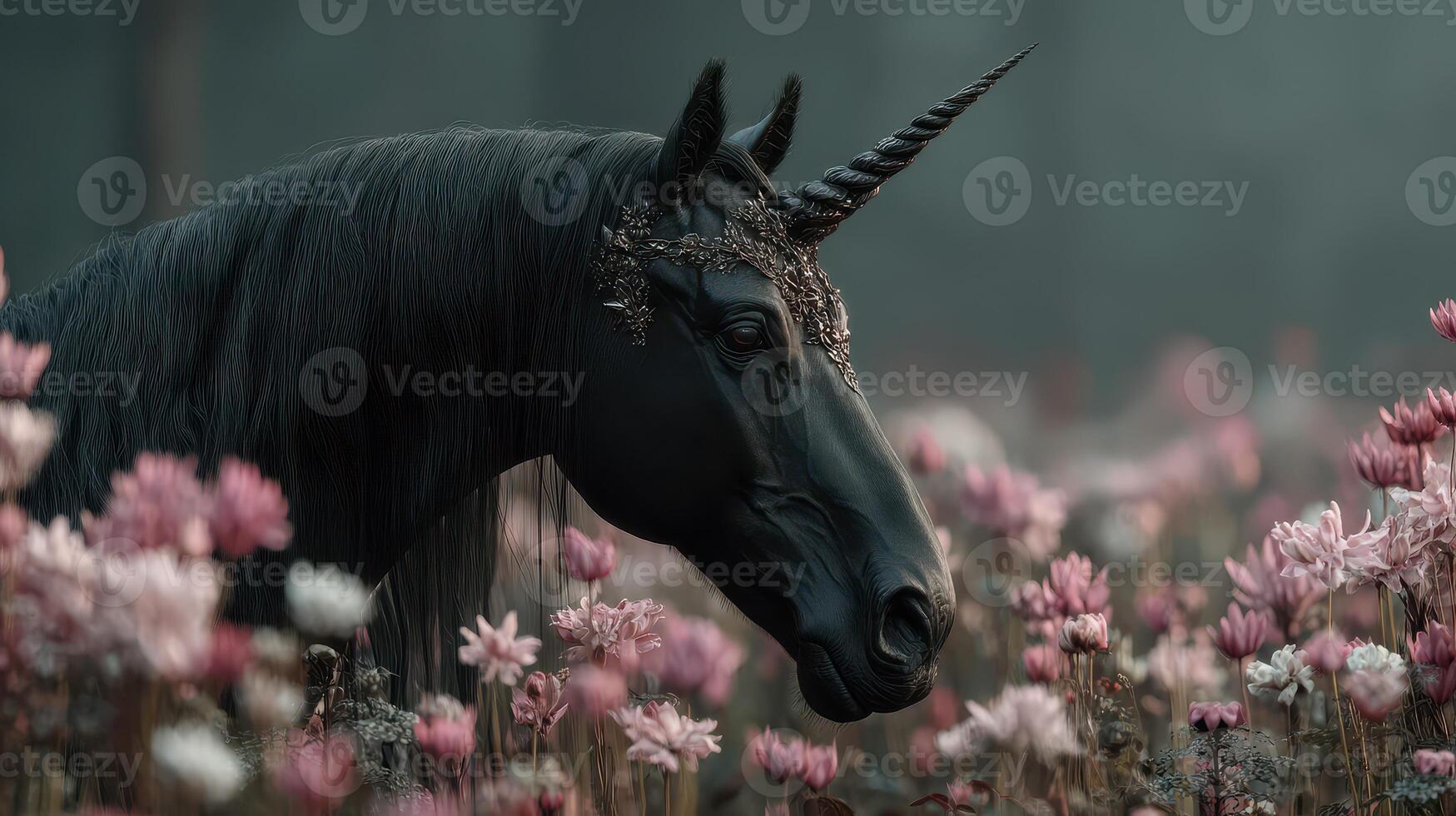 Mystical black unicorn surrounded by pink flowers in a serene landscape at dusk photo