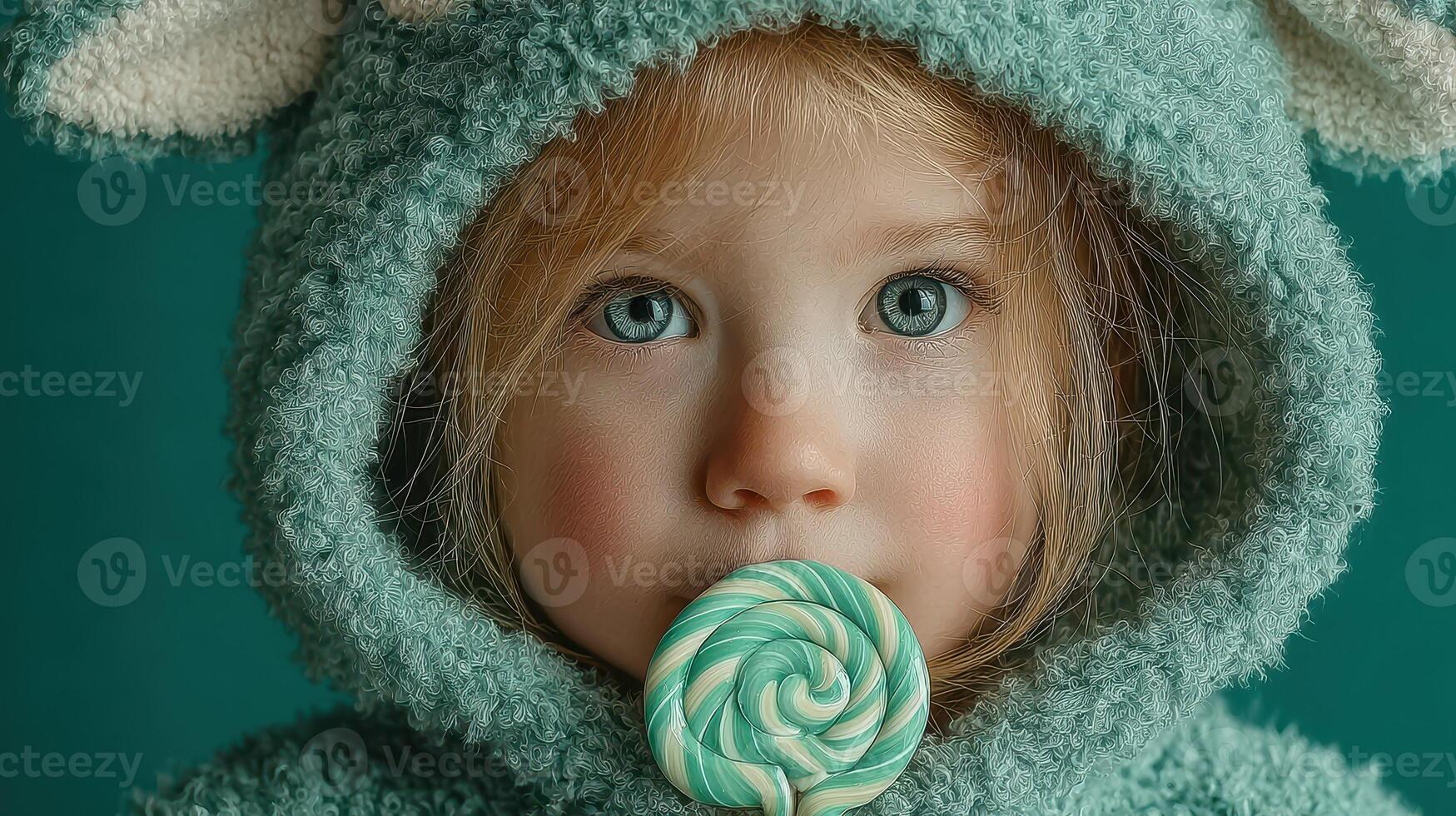 Cute child wearing fluffy hoodie with animal ears holds a large lollipop, capturing a joyful moment indoors photo