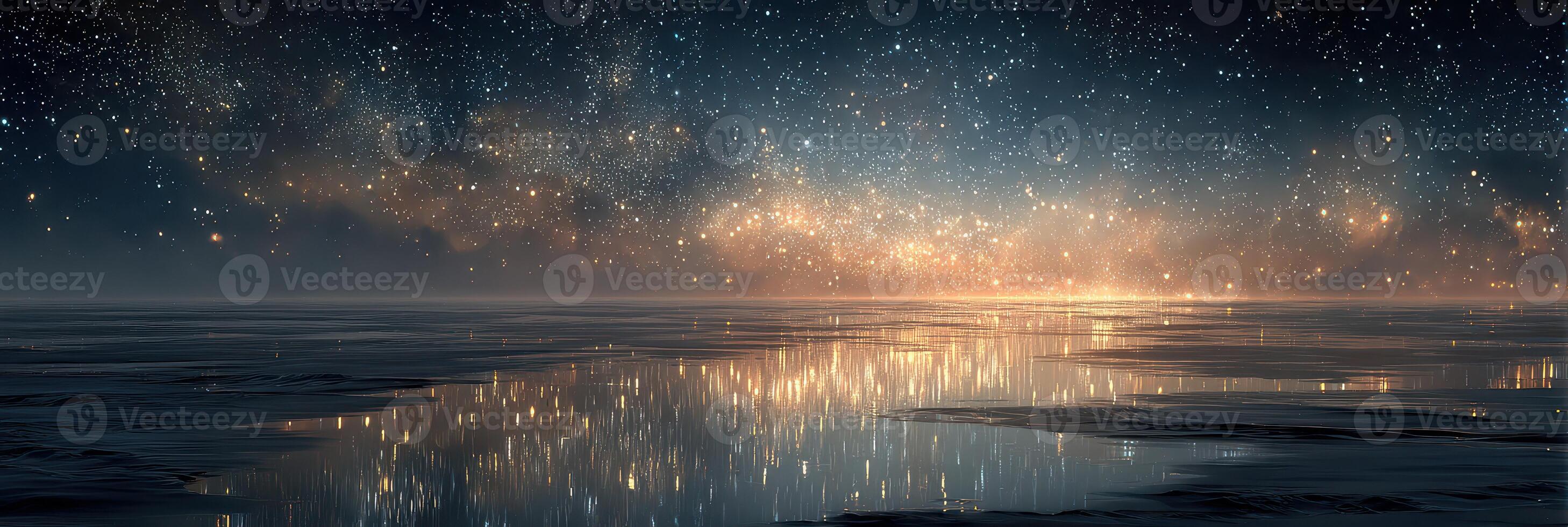 Night sky filled with stars reflects on calm waters under soft light in a serene landscape photo