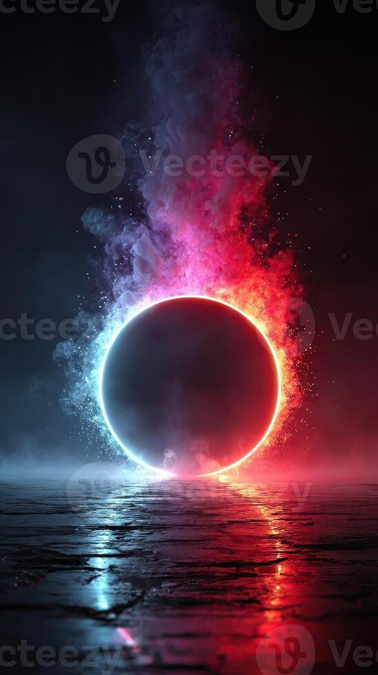 Artistic representation of a cosmic event with vibrant colors and dramatic lighting effects at night photo