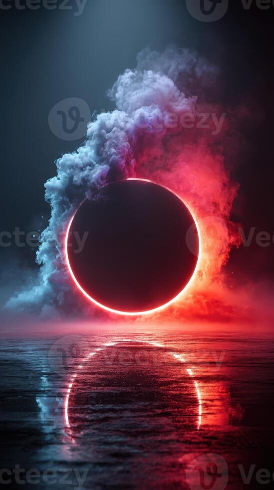 Colorful cosmic phenomenon with glowing circle and smoke at night creating a surreal atmosphere photo