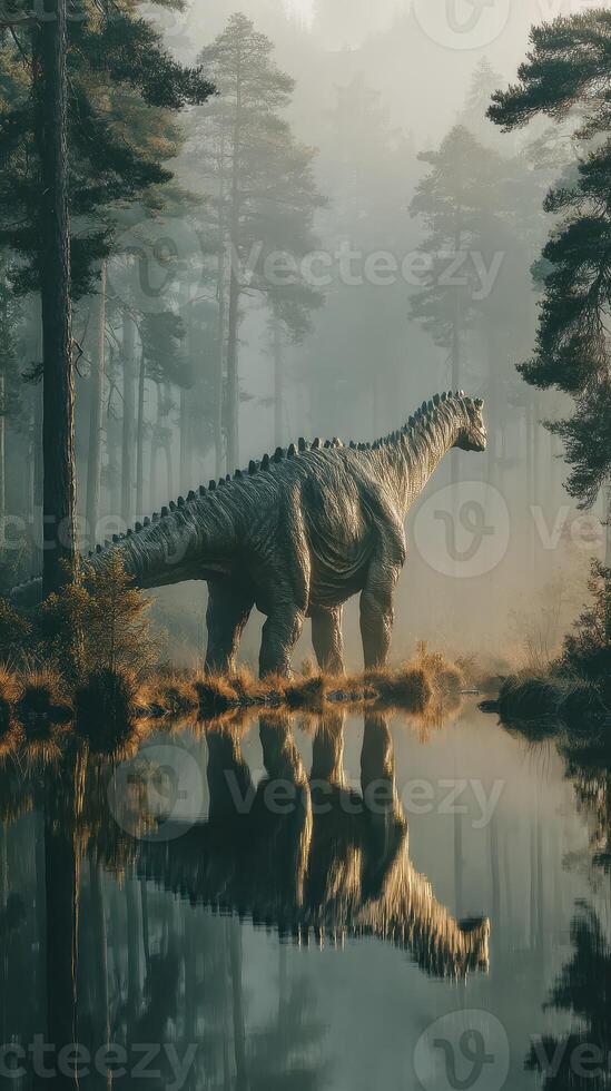Large dinosaur stands majestically near a calm lake surrounded by misty forest at sunrise photo