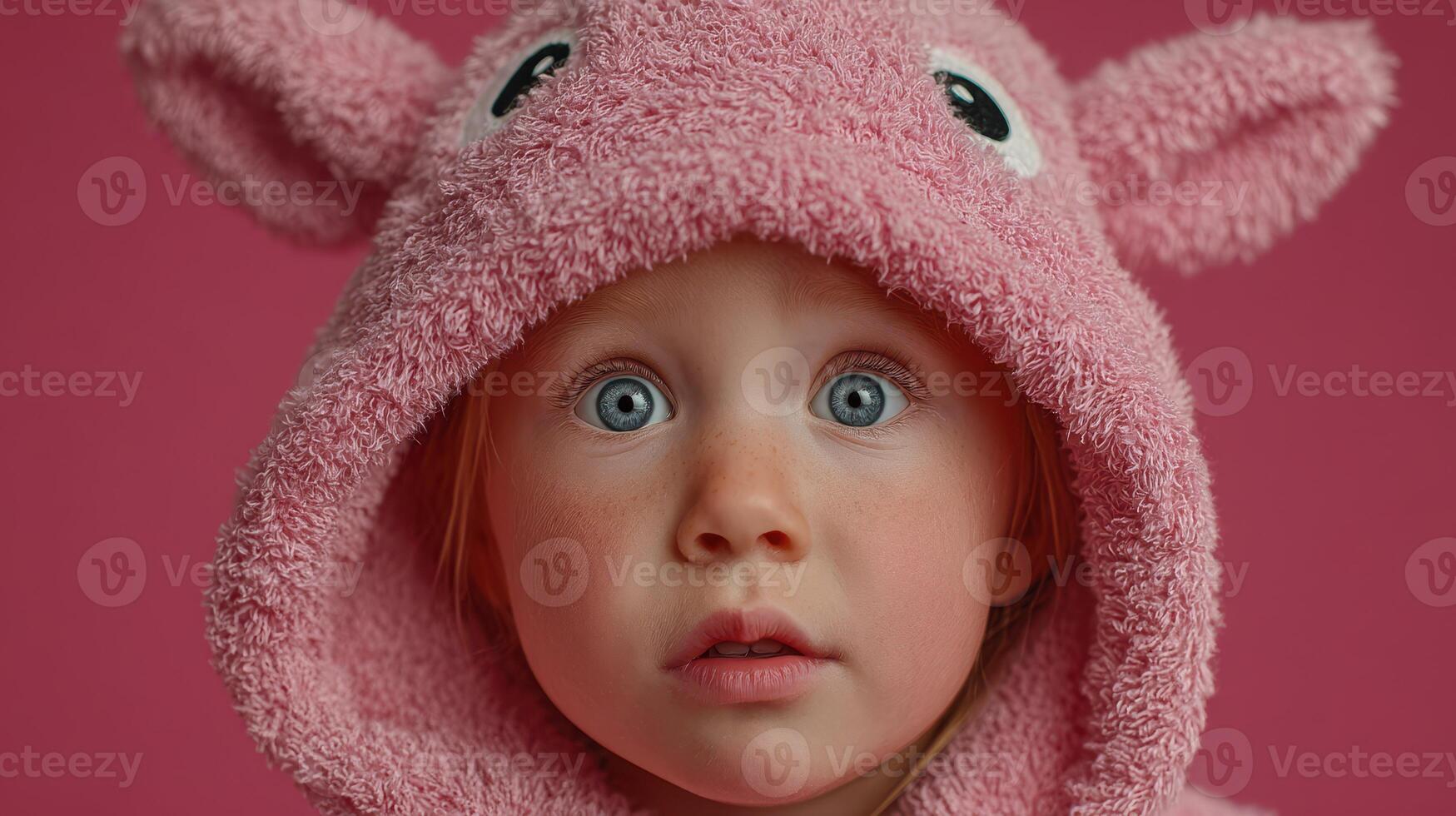 Cute child wearing a fluffy pink animal hoodie with wide blue eyes against a vibrant pink background photo