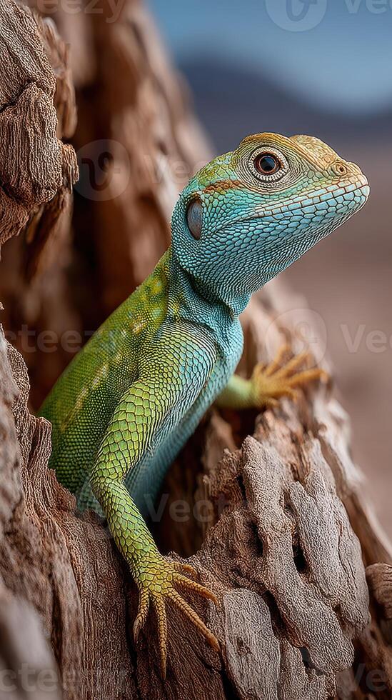 Colorful lizard perched on textured wood during daylight, showcasing vibrant scales and inquisitive expression photo