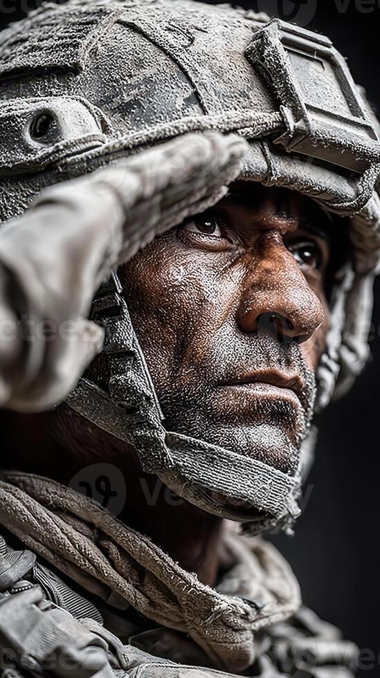 Warrior salutes in a dusty environment showcasing determination and strength during military operations photo