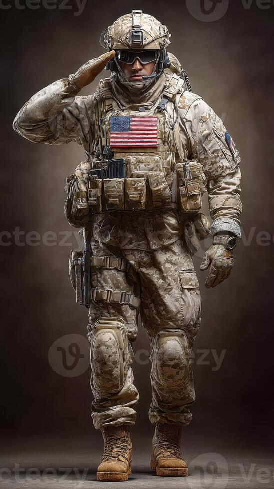 Soldier in combat uniform salutes while standing at attention in a dramatic indoor setting photo