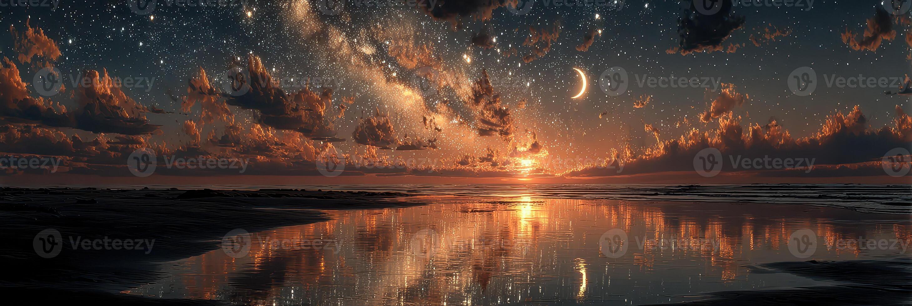 Stunning sunset over the ocean with a vibrant sky full of stars and a glowing moon reflecting on the water's surface photo