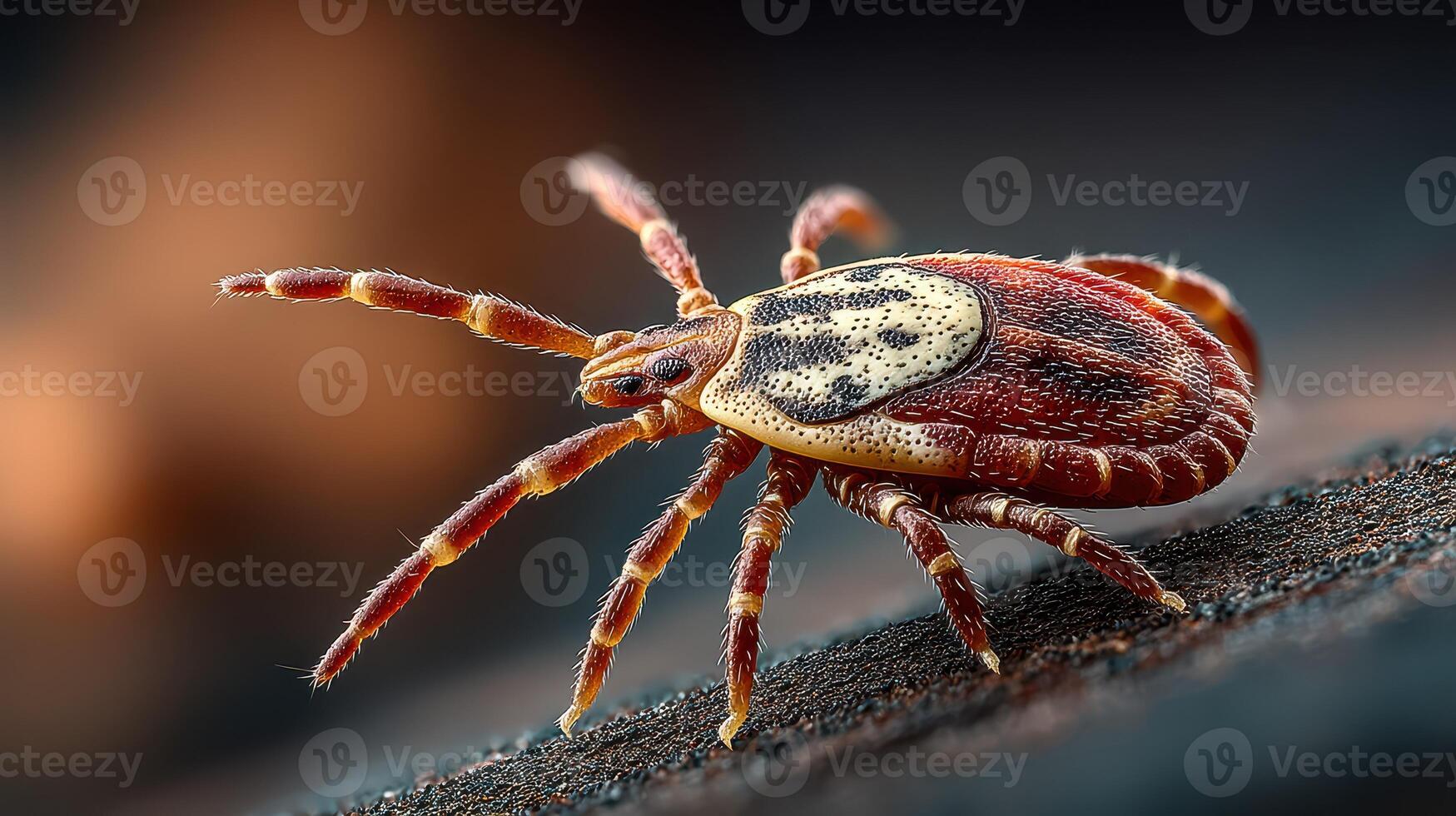 Close-up view of a tick on a textured surface showcasing details of its reddish-brown body and legs during daylight photo