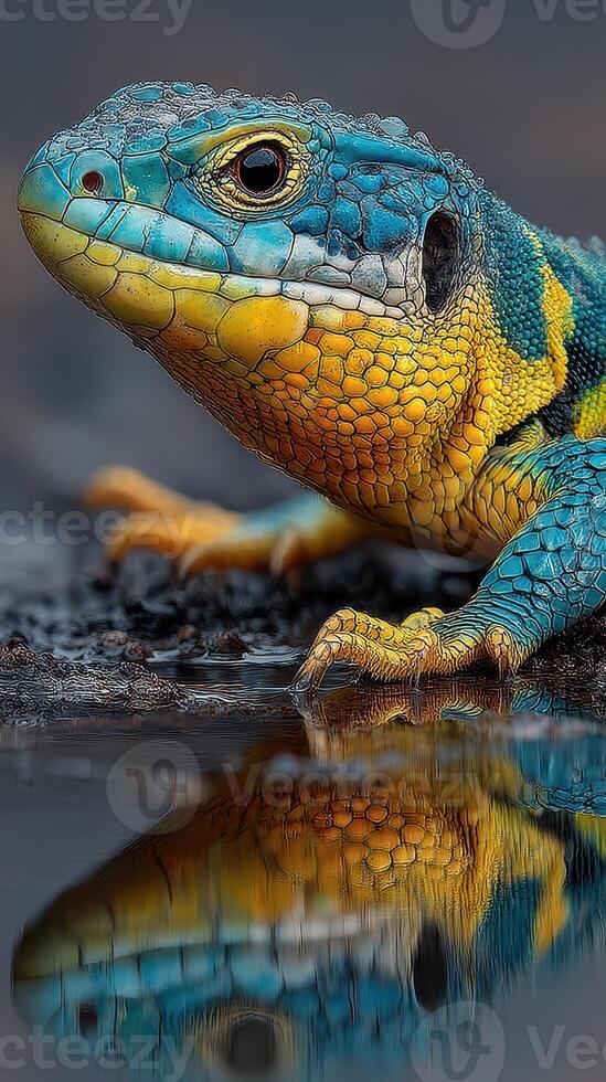 Colorful lizard basking by water in natural habitat during sunny afternoon photo