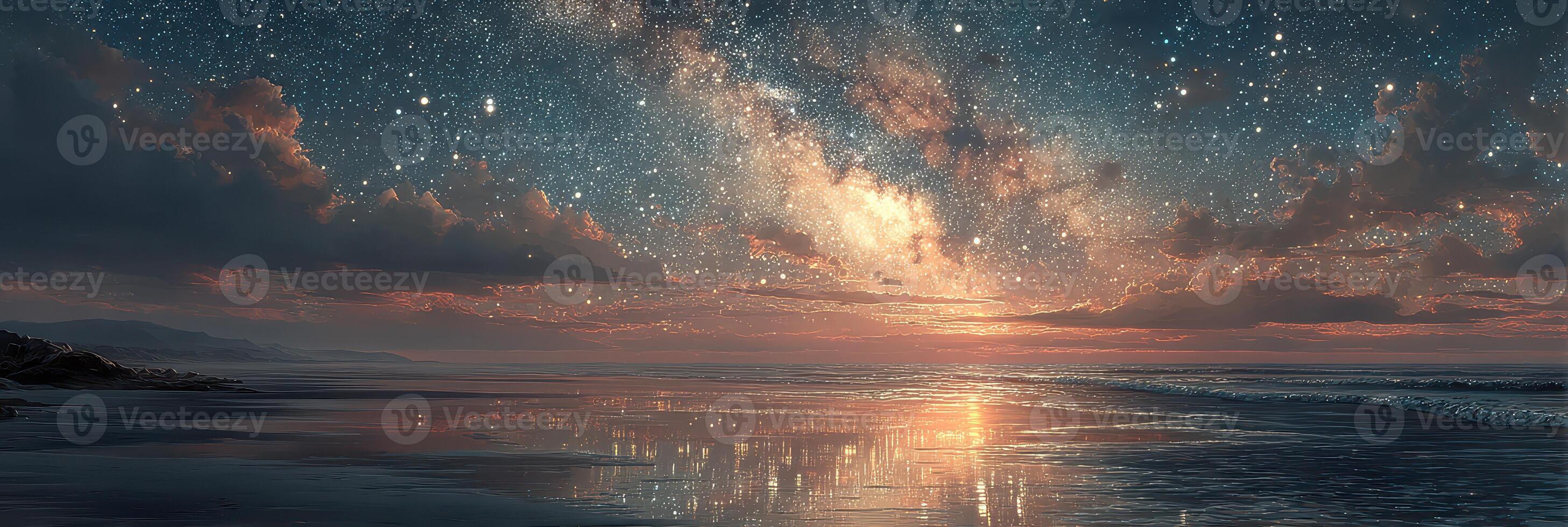 Night sky filled with stars reflects on calm ocean at twilight near coastline photo