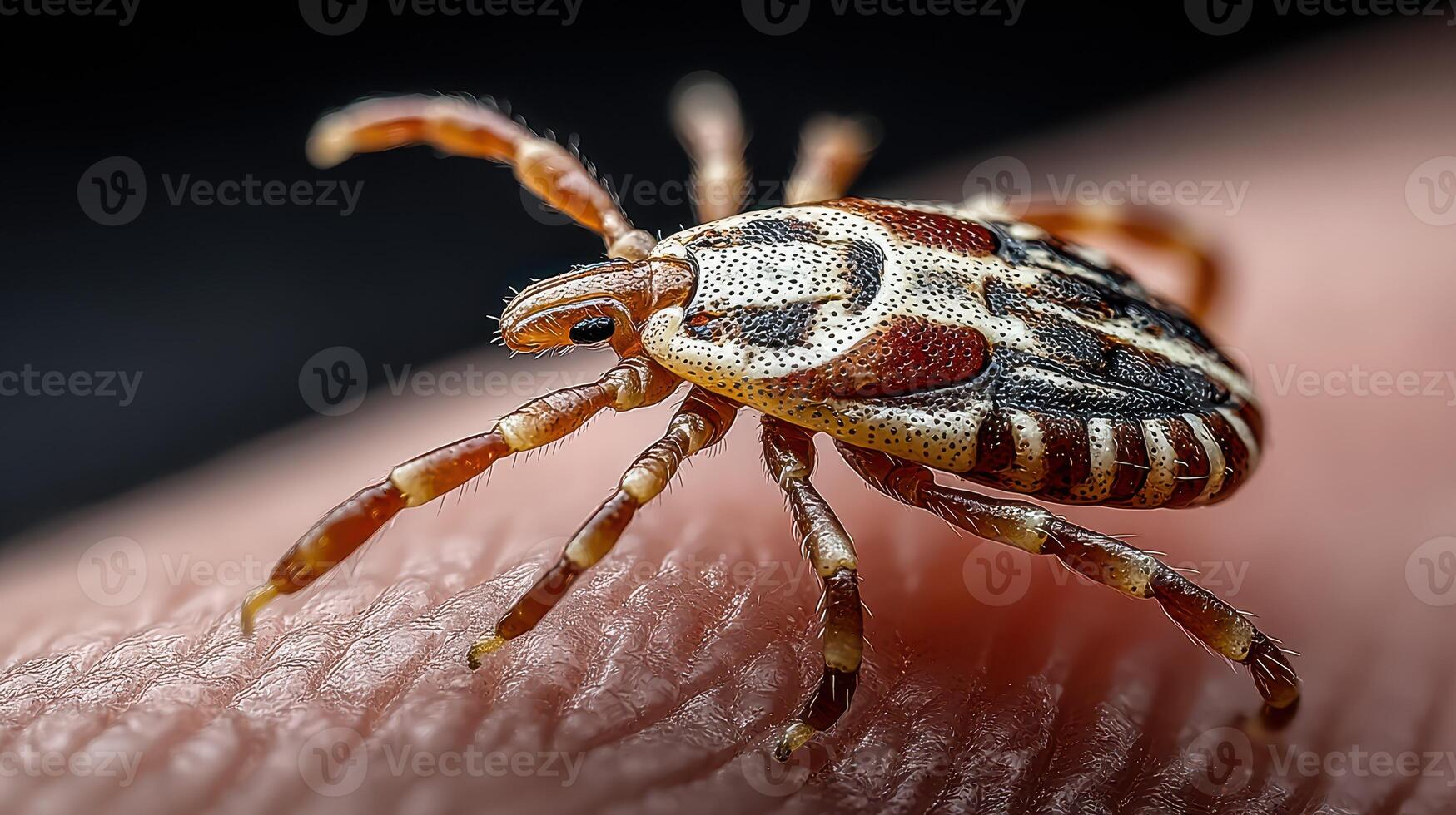Close-up of a tick on human skin illustrating details of its structure and coloration photo