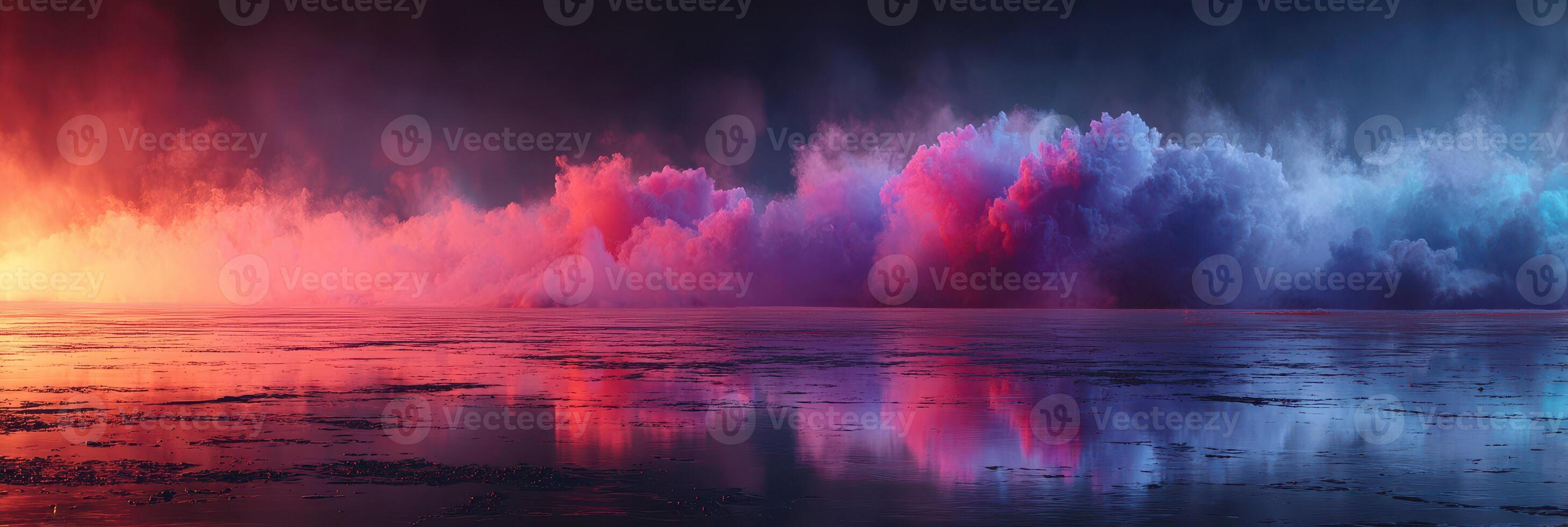 Colorful clouds reflect in calm water during twilight, creating a surreal landscape photo
