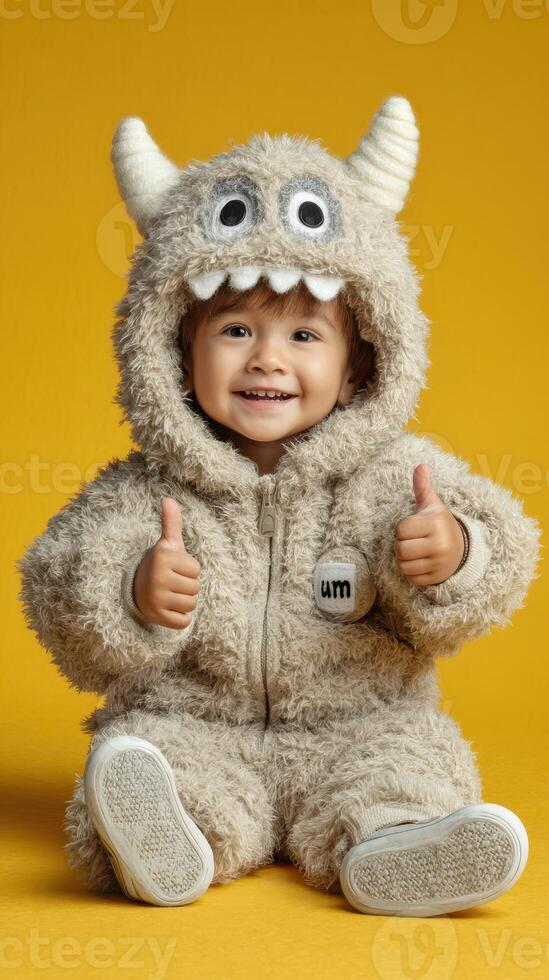 Cute toddler in fluffy monster costume gives thumbs up on bright yellow background during playful indoor photo session