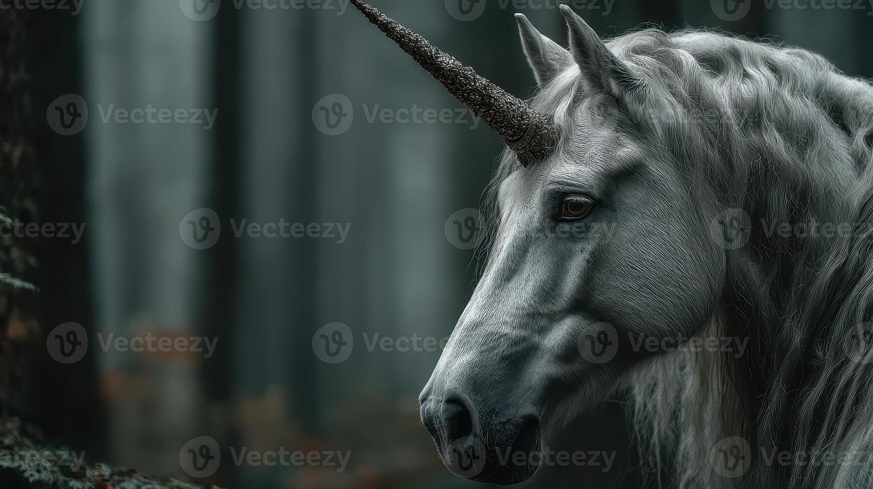Mystical unicorn standing in a foggy forest with enchanting atmosphere and calm demeanor photo