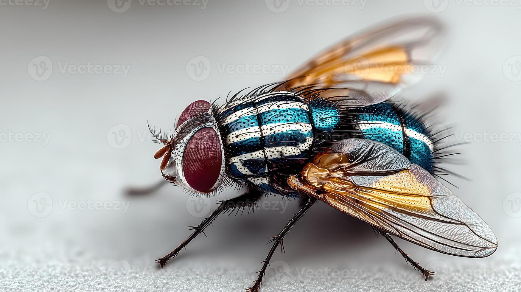 Close-up of a colorful fly resting on a surface showcasing intricate patterns and details in a natural setting photo