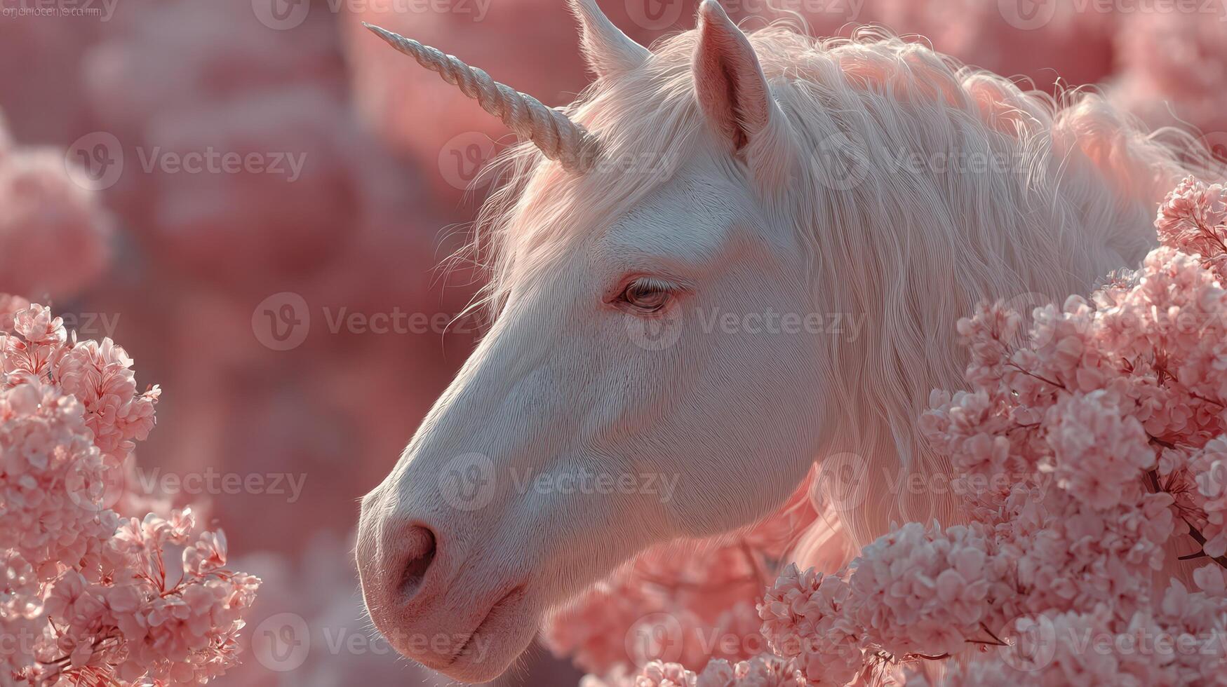Enchanted unicorn standing among blooming pink flowers in a magical forest during twilight hours photo