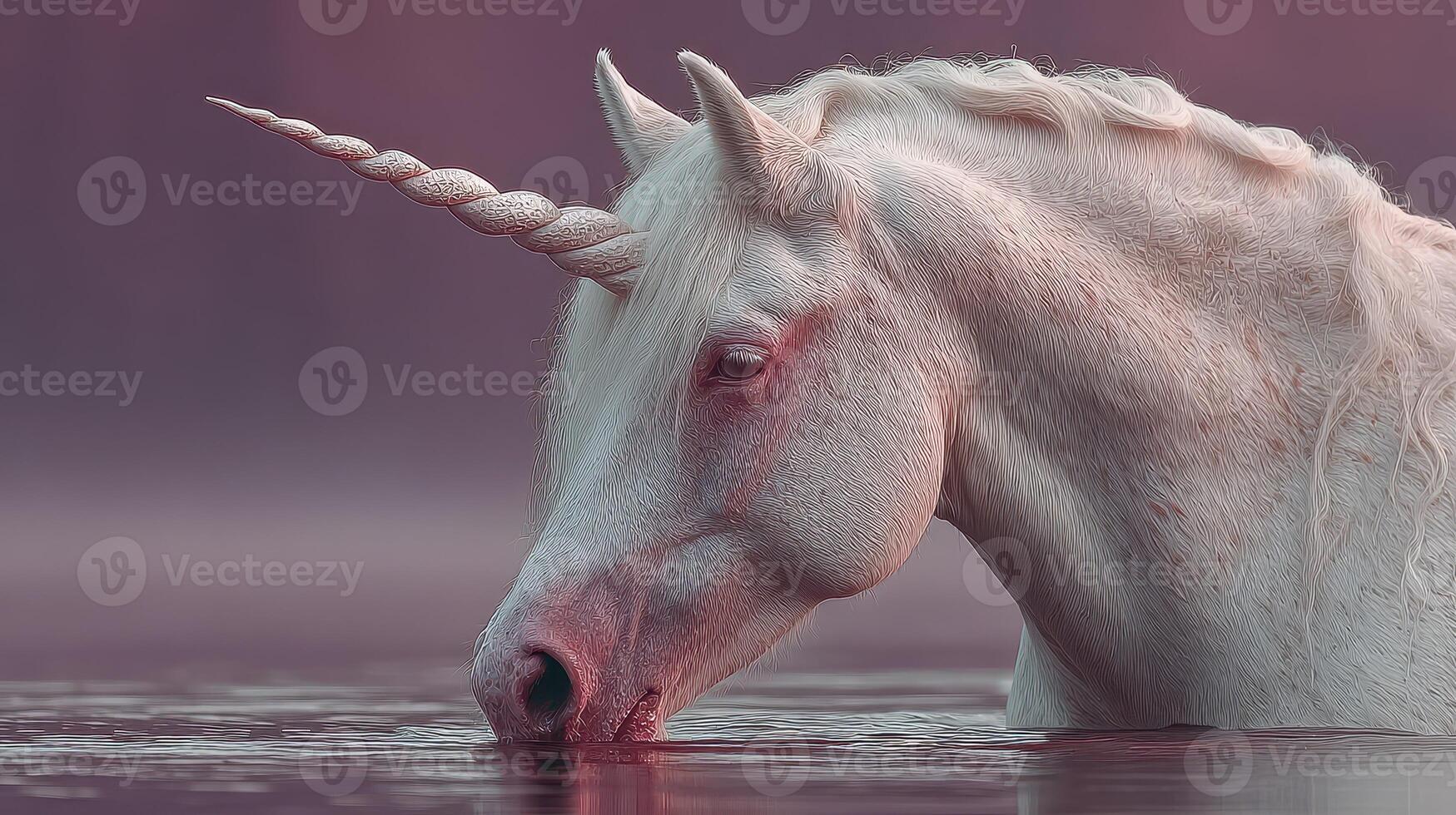 Magical unicorn drinking water at dawn in a serene misty landscape near a tranquil lake photo