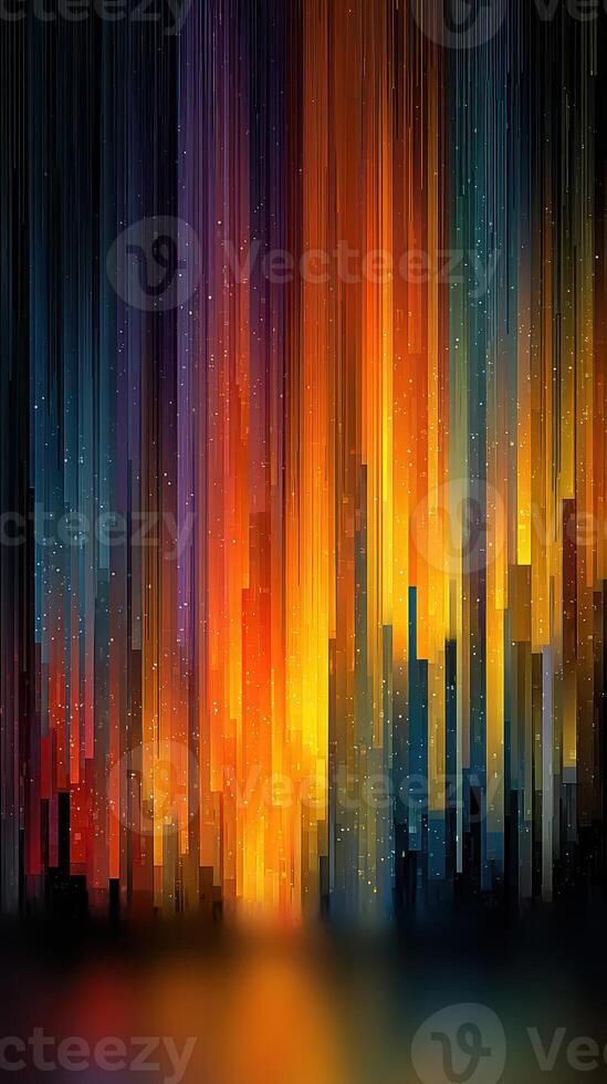 Vibrant abstract artwork depicting vertical lines and glowing colors in a mesmerizing blend of orange, blue, and black tones at sunset photo