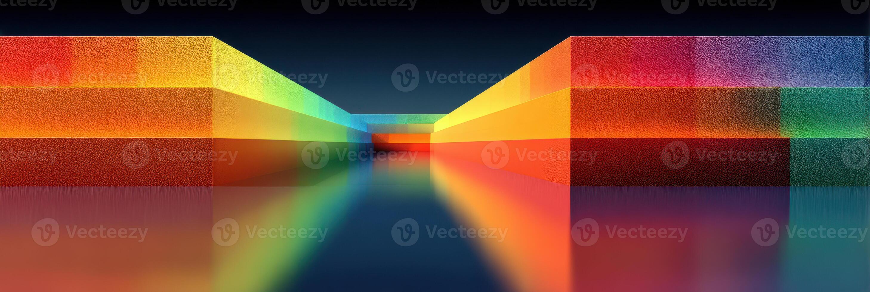 Colorful abstract geometric shapes reflect on a calm surface in a vibrant digital landscape at night photo