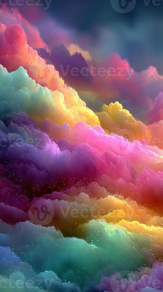 Vibrant clouds illuminated by a kaleidoscope of color at sunset in a dreamlike sky filled with swirling hues photo