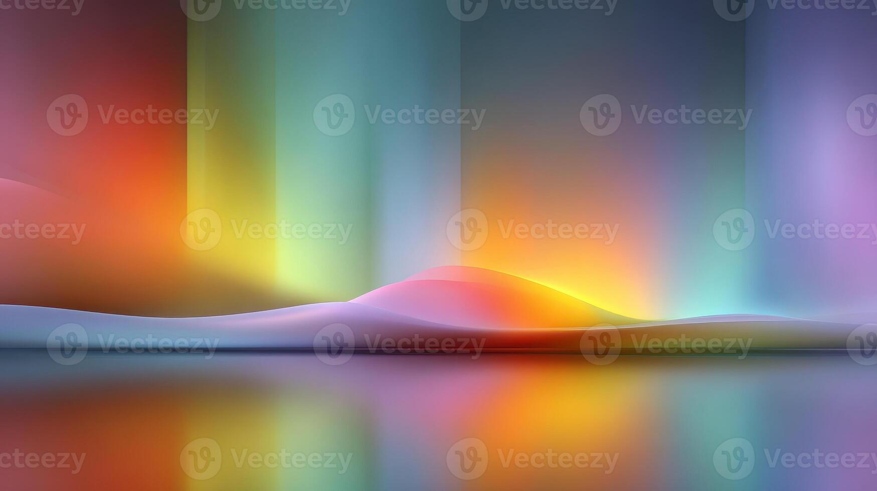 Vibrant light display reflecting on tranquil water surface during dusk in a surreal landscape photo