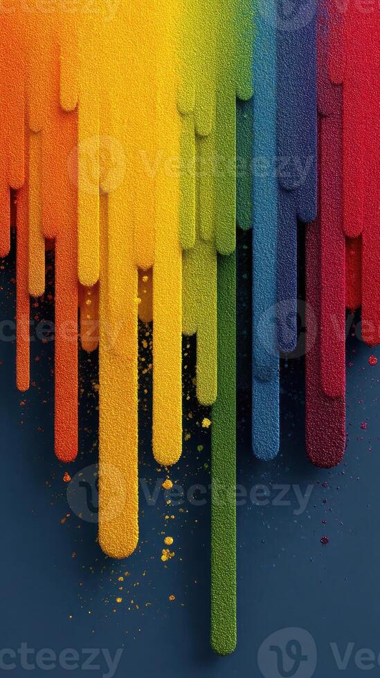 Colorful vertical paint drips create a vibrant abstract art piece on a dark surface in a creative studio photo