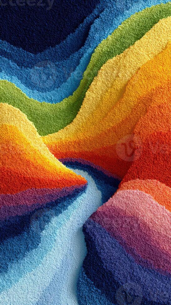 Colorful abstract landscape depicting flowing hills and rivers with vibrant hues during sunset photo