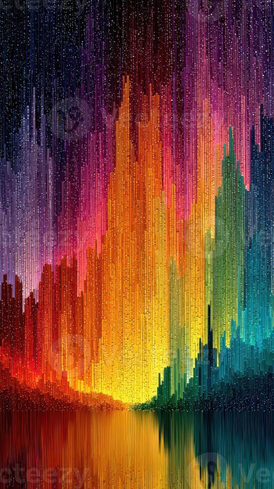 Colorful abstract skyline at dusk with vibrant hues and reflections in water photo