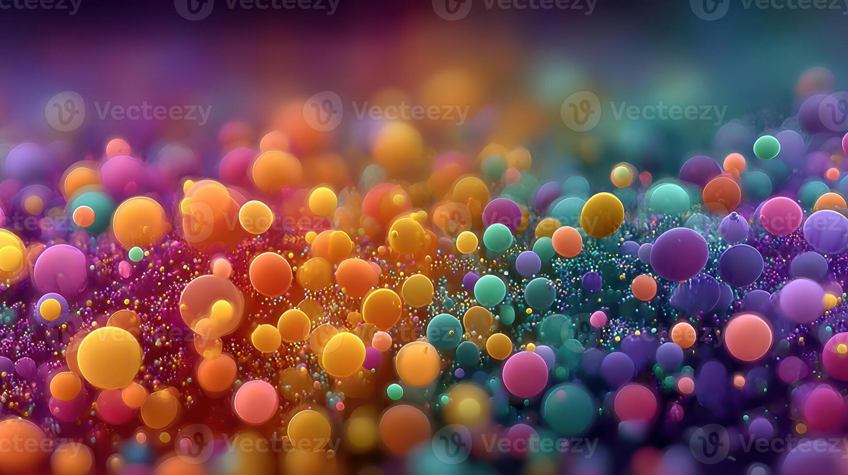 Colorful abstract pattern of spheres floating in a blurred gradient background at night photo