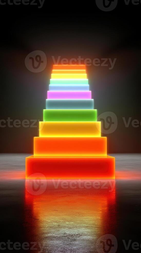 Vibrant neon stairs illuminate a dark space, creating an artistic and colorful pathway photo