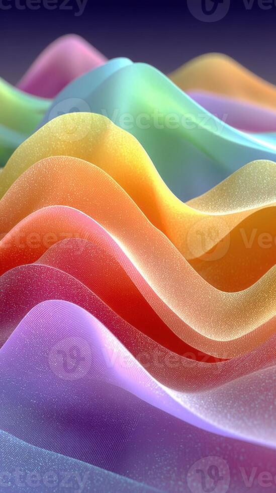Vibrant waves of colorful fabric create a mesmerizing effect in a serene background of soft hues photo